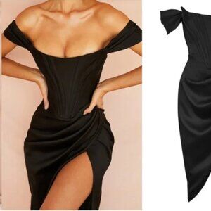 House of CB Loretta Black Satin Corset Off Shoulder Dress
